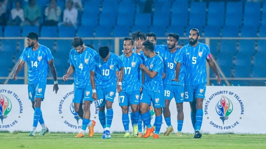 Indian national football team players look dejected after a tough loss, reflecting the ongoing Indian football crisis.