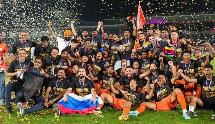 Punjab FC players celebrate promotion to the Indian Super League, a rare moment of triumph during the ongoing Indian football crisis.